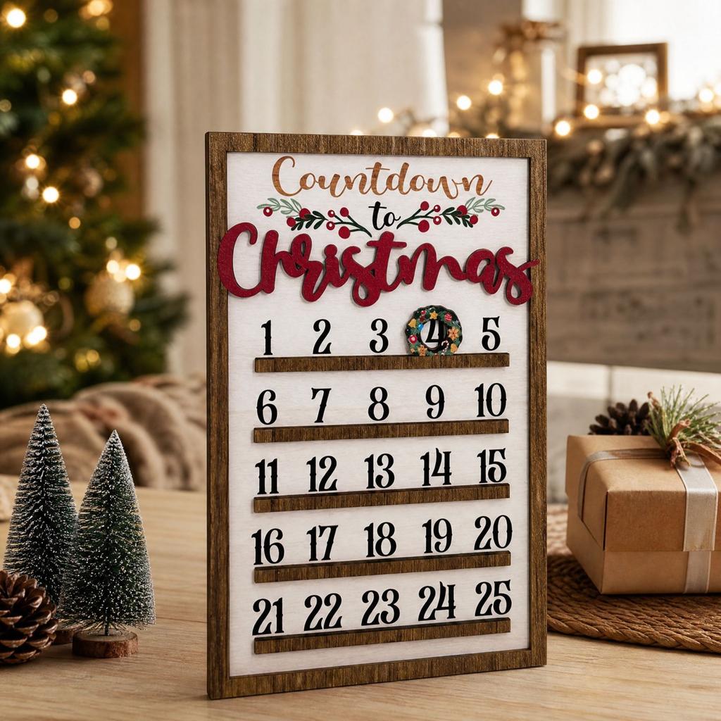 Wooden Christmas Countdown Calendar with Movable Ornaments - Creative Holiday Hanging Decor, Wood Gift for Home and