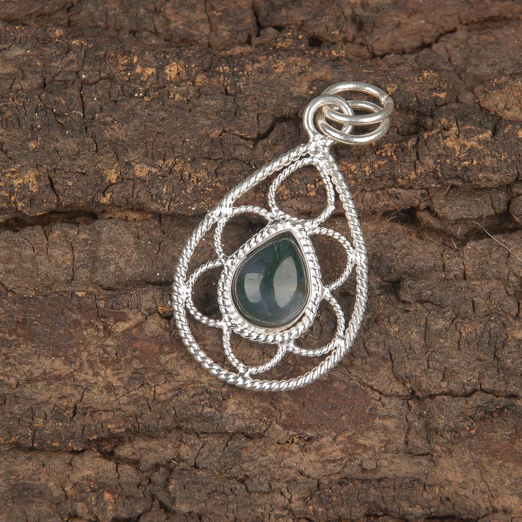 Moos Achat Anhänger, Edelstein Schmuck 925 Sterling Silber Anhänger, Geschenk für Frauen handgefertigter Anhänger