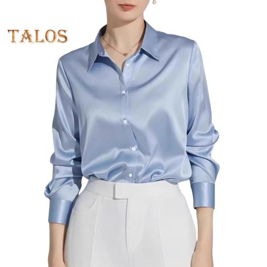 Women Shirt Lapel Long Sleeve Glossy Fabric Formal Shirt Top Buttons Closure Solid Color Smooth Business Date Shirt
