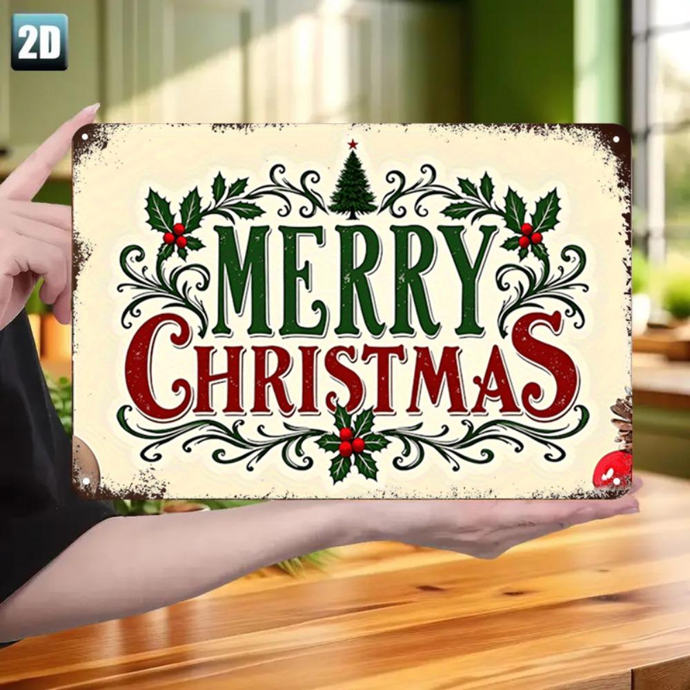 Vintage Merry Christmas Metal Wall Sign, 8x12in, Holly Wreath Design, Red/Green/Gold, Easy Install