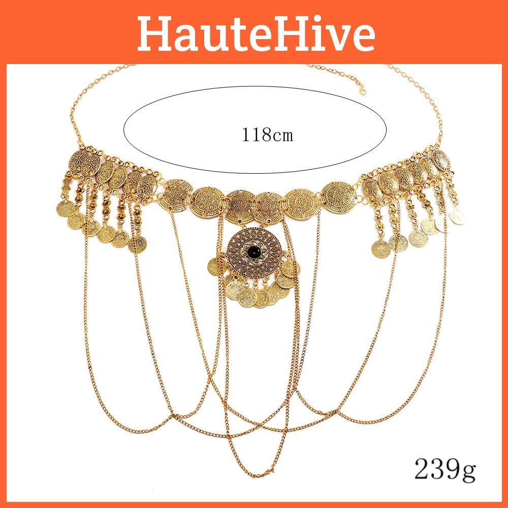 Gold Antique Metal Carved Waist Chain Women Accessory With Elements Tassel