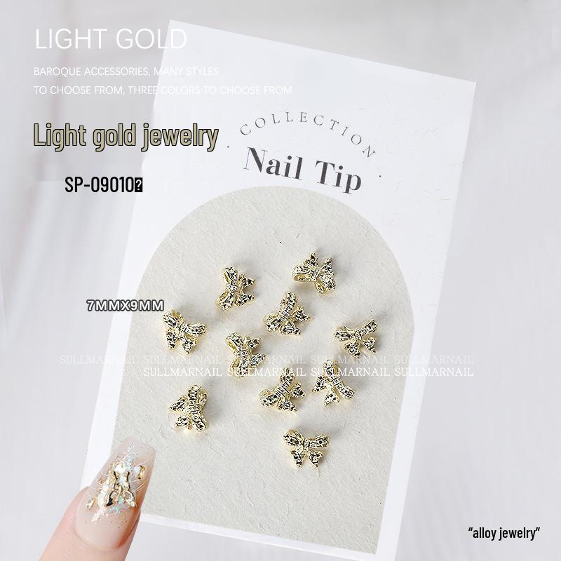 Golden Butterfly 3D Nail Art Set - 10 Pieces of Light Gold Ribbon Bow Decorations