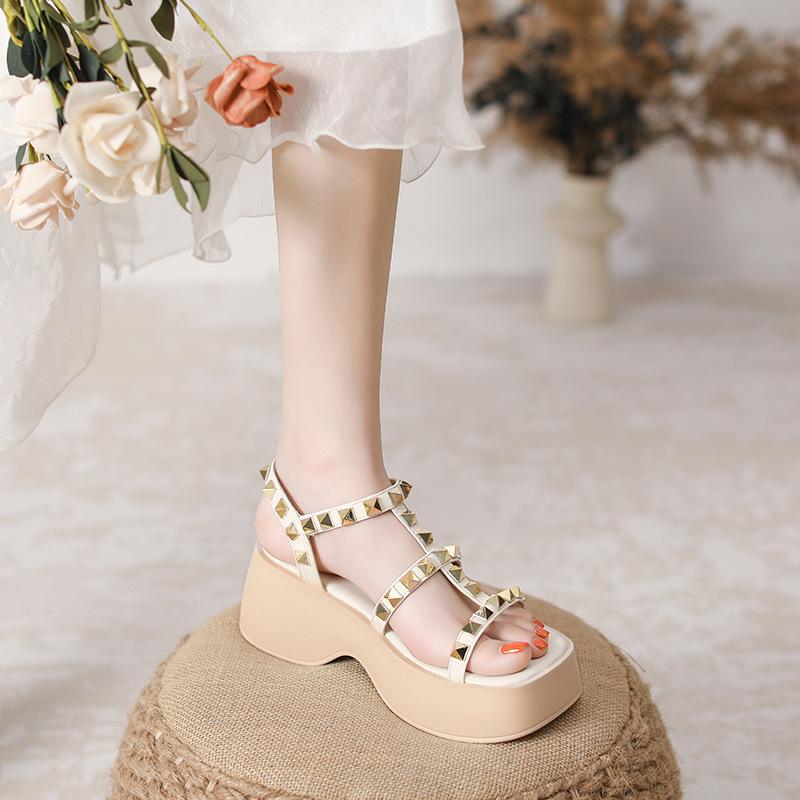 Summer New Casual Versatile One-word Buckle with Sandals Women's Rivets Flat-soled Thick-soled Open-toed Shoes