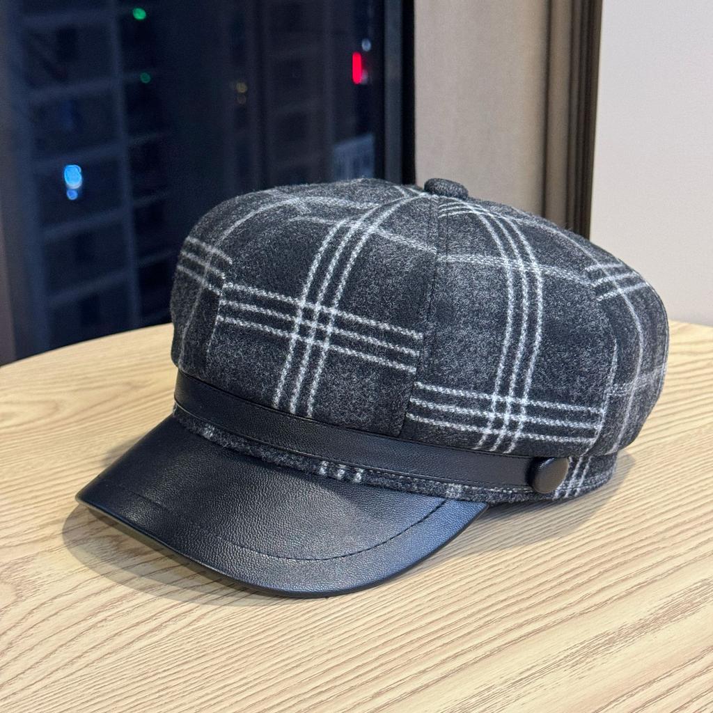 Red Plaid Woolen Octagonal Hat for Women in Autumn and Winter Korean Style Retro Beret New Retro Newsboy Hat Trend