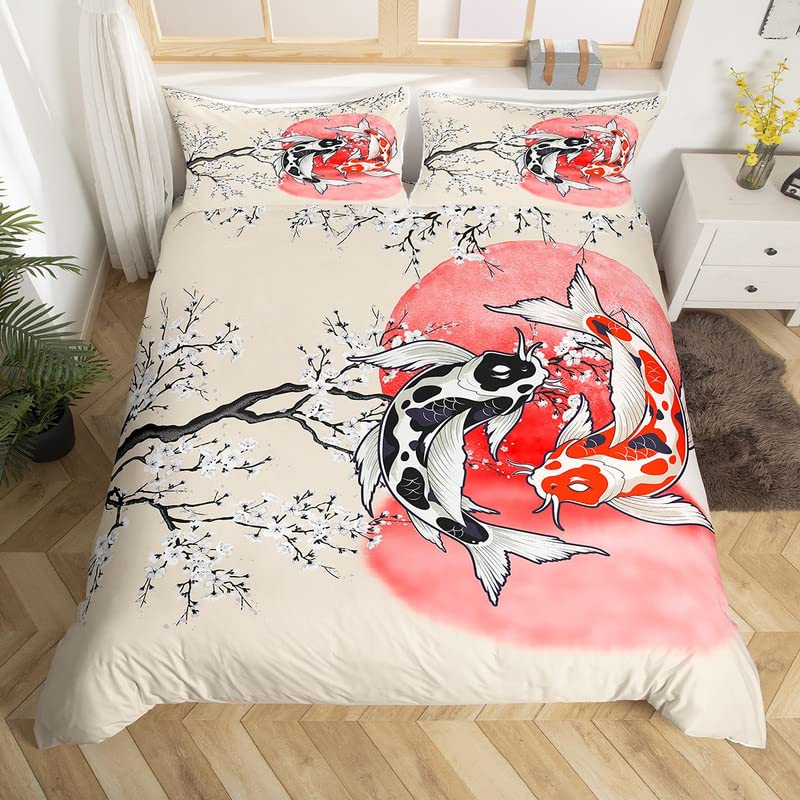 Koi Duvet Cover King Cherry Blossom Japanese Ukiyo-e Bedding Set Sakura Marine Animals Comforter Cover,Pink Romantic Quilt Cover