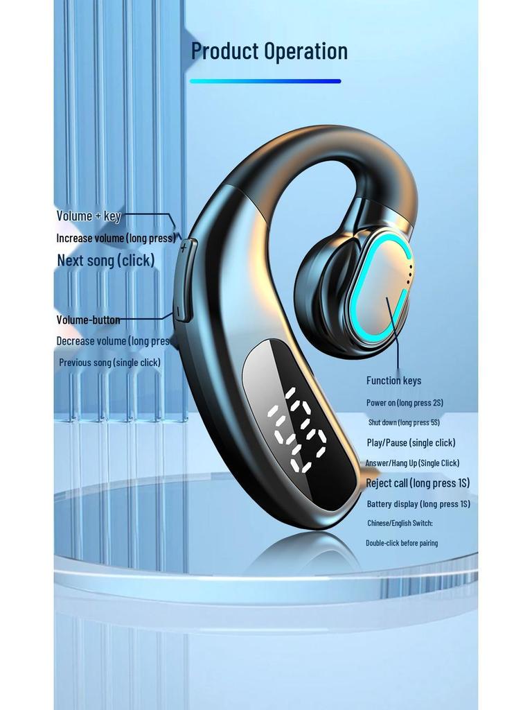 F80 Bluetooth Earphones: Over-Ear, Air Conduction, Single-Ear with Digital Display