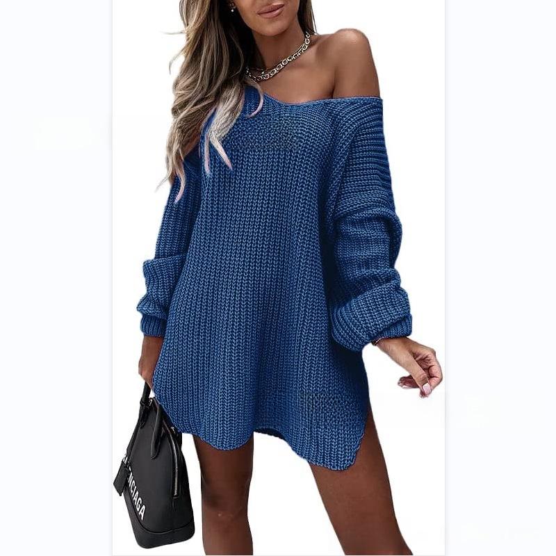 Mid-Length Off-Shoulder V-Neck Loose Knit Sweater with Bottom Slit