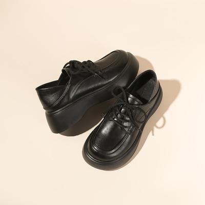 Loafers mit großen Zehen für Damen, kleine Frühlingsschuhe aus Leder, süßer Stil, zum Reinschlüpfen, runde Zehenpartie, Krawatte, dicke Sohle, Muffin, dicke Sohle, Einzelschuhe für Damen