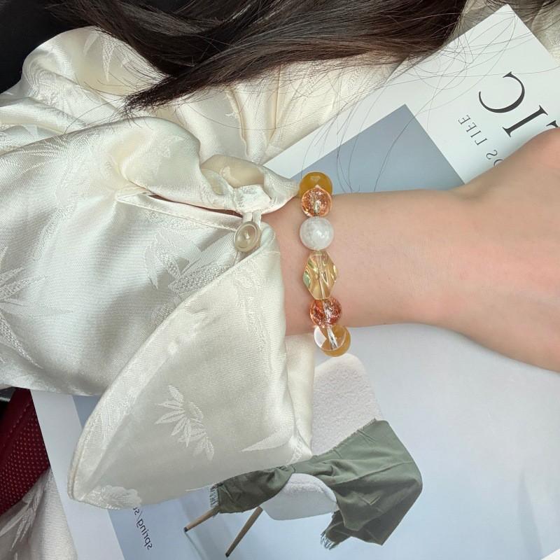 Handmade French Style Bracelet Women With Natural Yellow Fluorite Gold Foil Resin Flower Lemon Quartz Beads 12mm