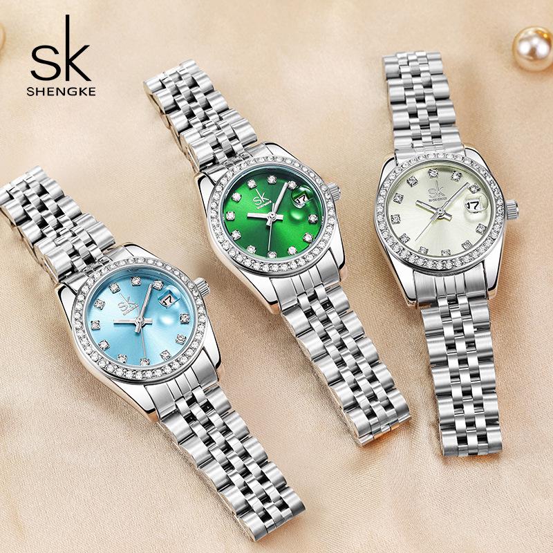 Montre-bracelet à quartz pour femme SK avec zircone, bracelet en acier et calendrier - En stock, Expédition rapide, Sensation de niche haut de gamme