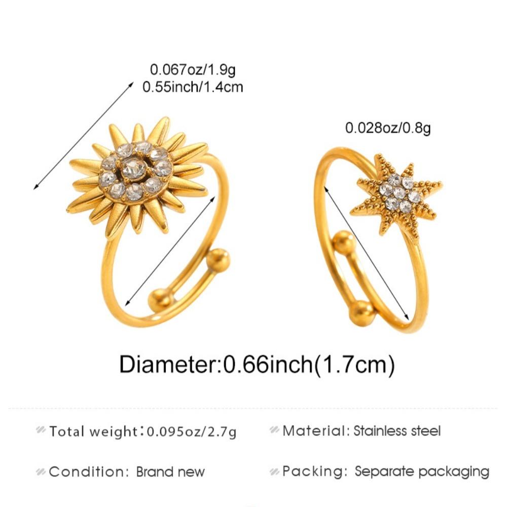 Retro Charm Sparkling Full Zircon Sun Flower Start Adjustable Opening Ring for Women Stainless Steel Finger Jewelry Accessories