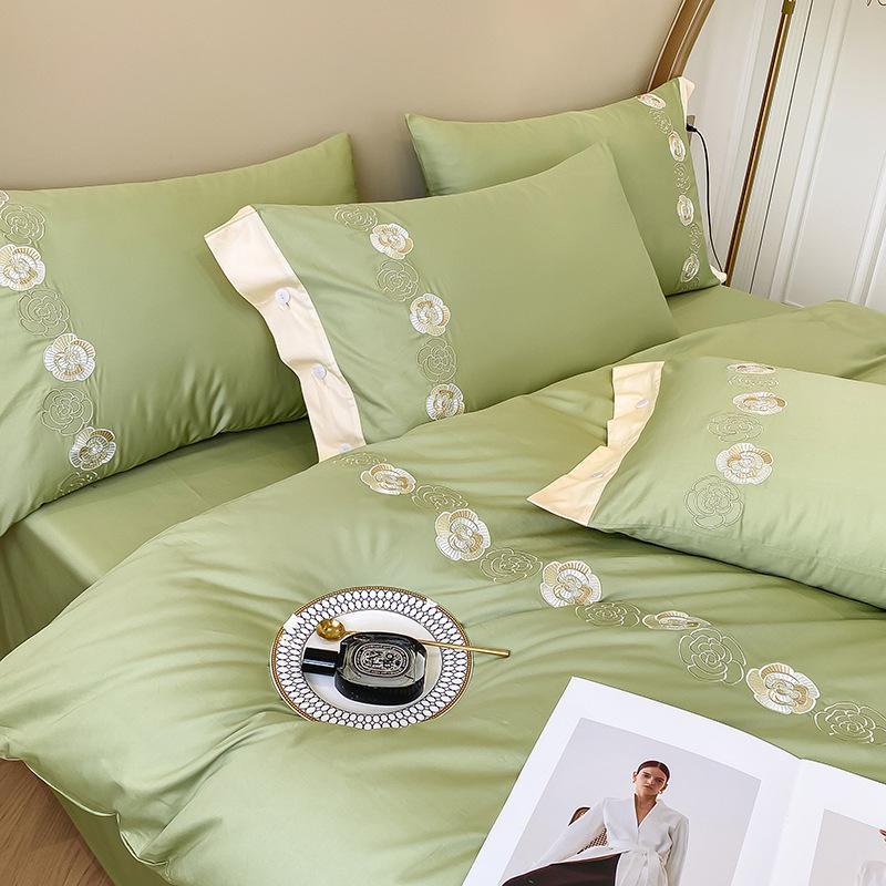 Light Luxury 60-Count Long-Staple Cotton Bedding Set: Solid Color Embroidered 4-Piece (Bed Sheet & Quilt Cover) Pure Cotton.