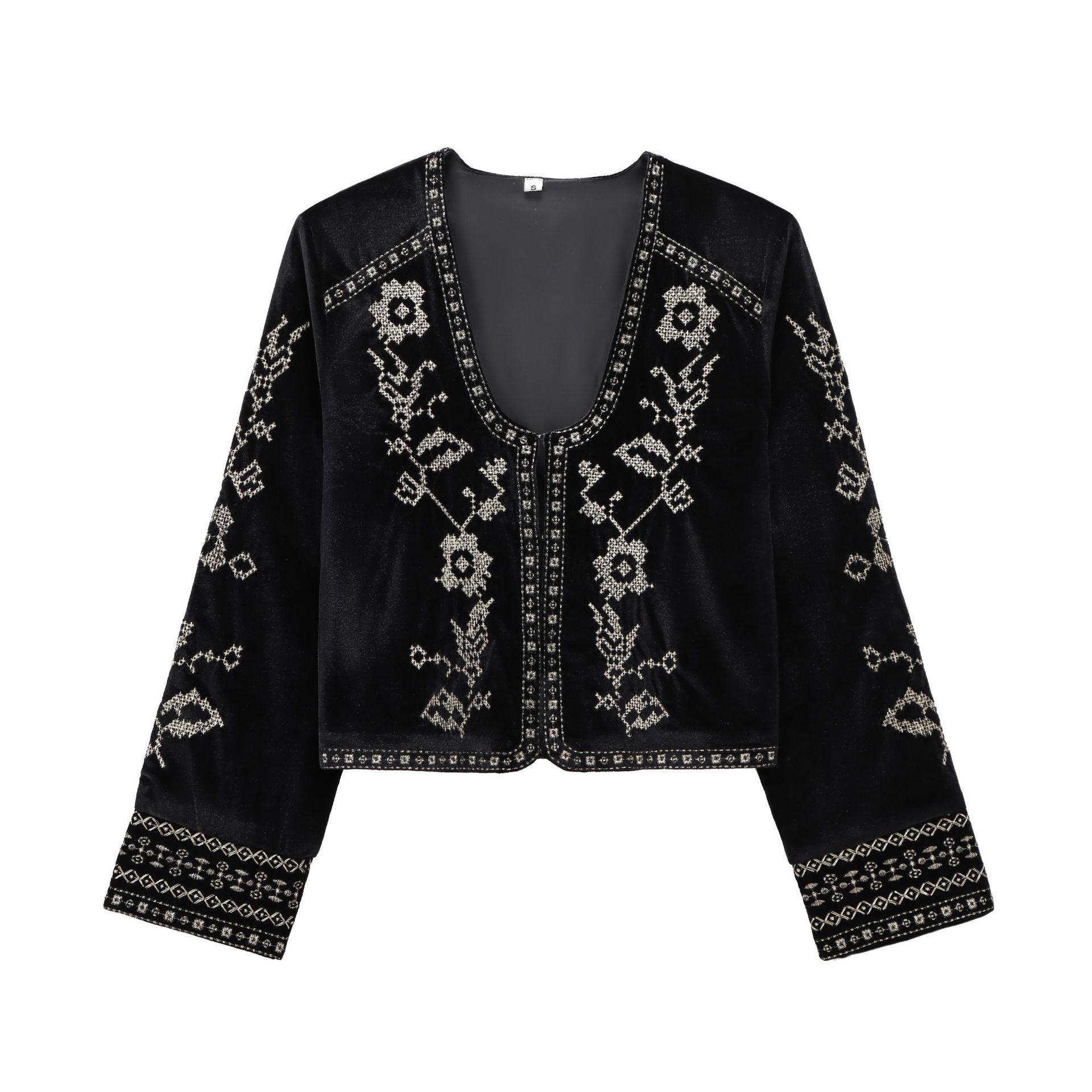 

2024 Зимняя женская куртка в европейском и американском стиле, вышитый бархат, длинный рукав M чёрный