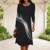 Women Plus Size Long Sleeve Round Neck Abstract Printed Black A Line Midi Dress