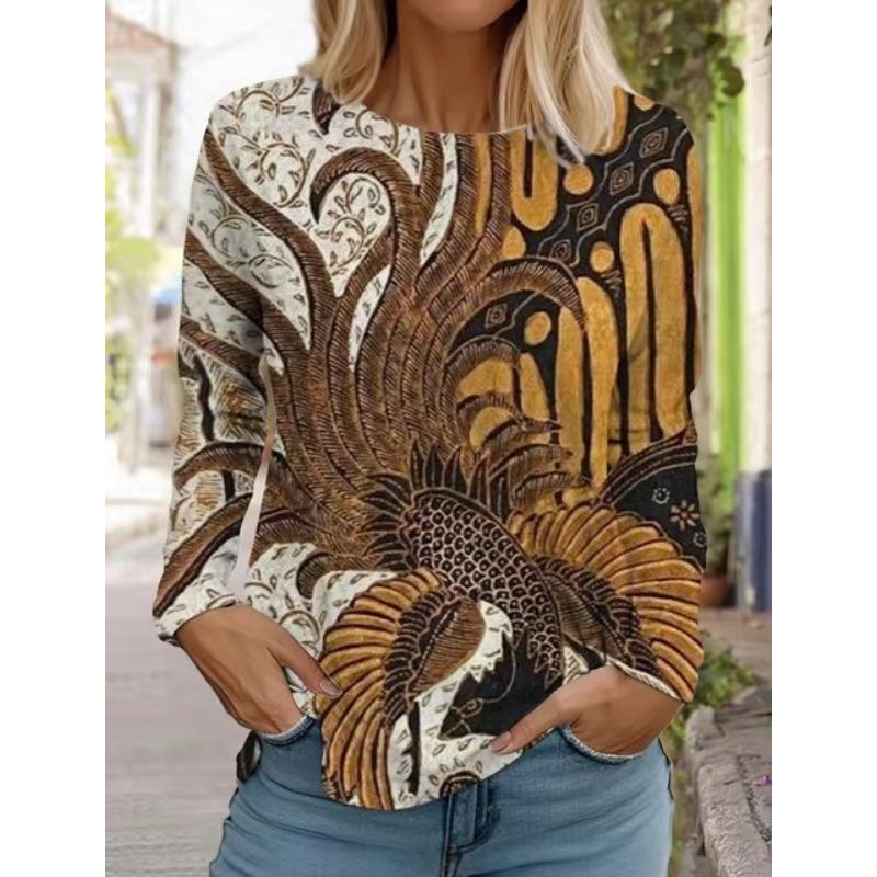 3D Print Women's Hawaiian Style Retro Fashion Tops Long Sleeve Round Neck Pullover Casual Long Sleeve T-shirt Designer