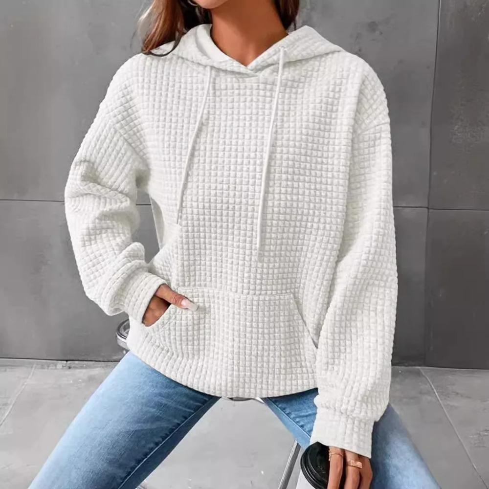 Women's Hooded Sweatshirt Spring and Autumn Style Waffle Fashion Beautiful Solid Color Hooded Drawstring Loose Sweatshirt