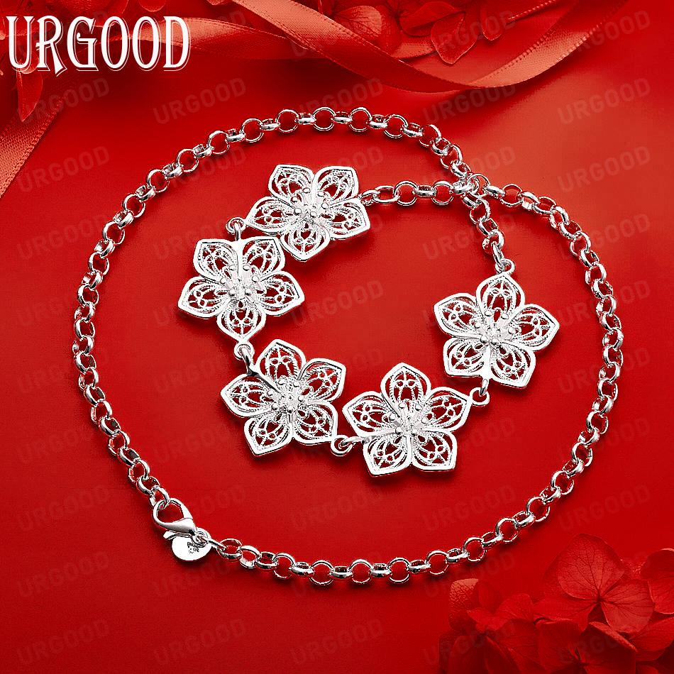 925 Sterling Silver Openwork Five-Petal Flower Necklace - Banquet Gift Jewelry