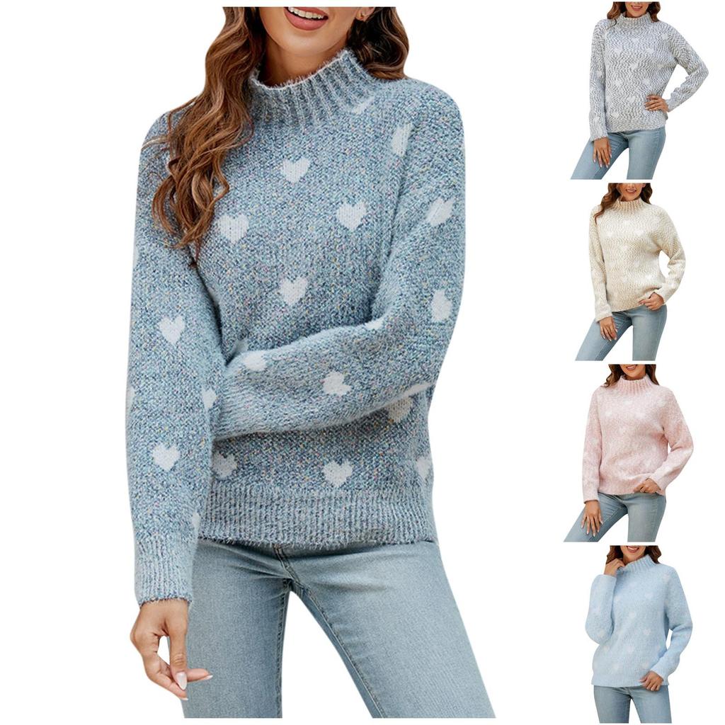 Women's Fashion Chenille Love Sweater Autumn And Winter Half Turtleneck Loose Knitted Sweater
