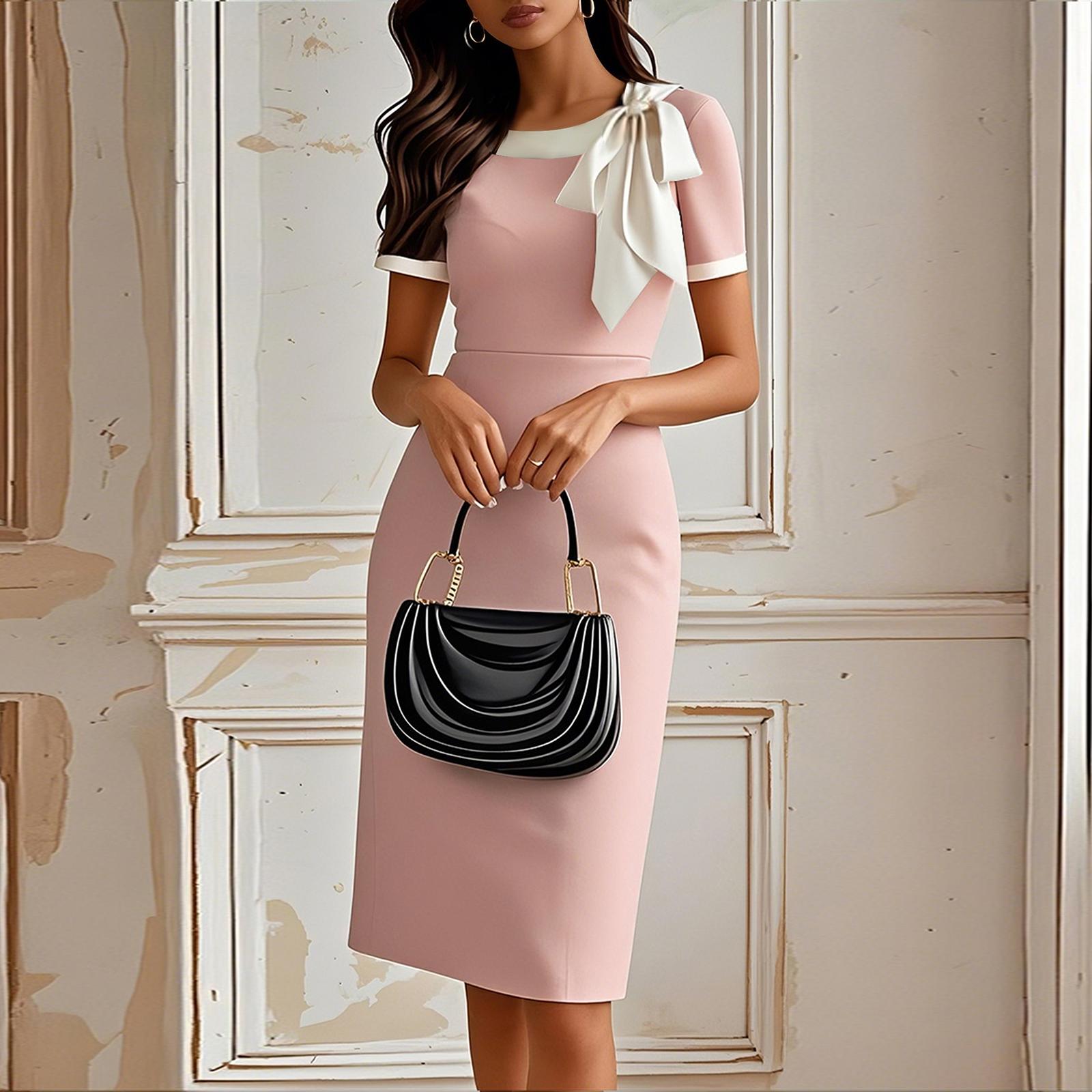 

Женские модные облегающие платья с круглым вырезом, бантом и цветной вставкой для вечеринок и банкетов M розовый