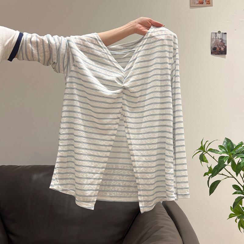 

Versatile Striped Color Block Sun Protection Summer Back Cutout Long Sleeve Women s Thin Cardigan T-shirt, Slightly Sheer. M (Suitable for 85-115 kg)