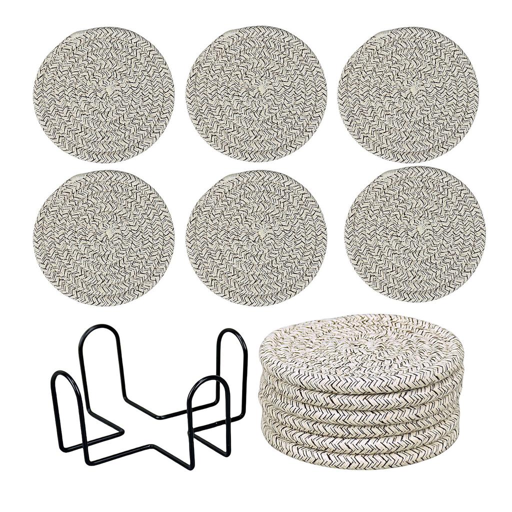 Set of 6 Round Woven Cotton Yarn Placemats with Non-Slip Heat Resistant Surface and Metal Storage Rack for Dining Table Protection