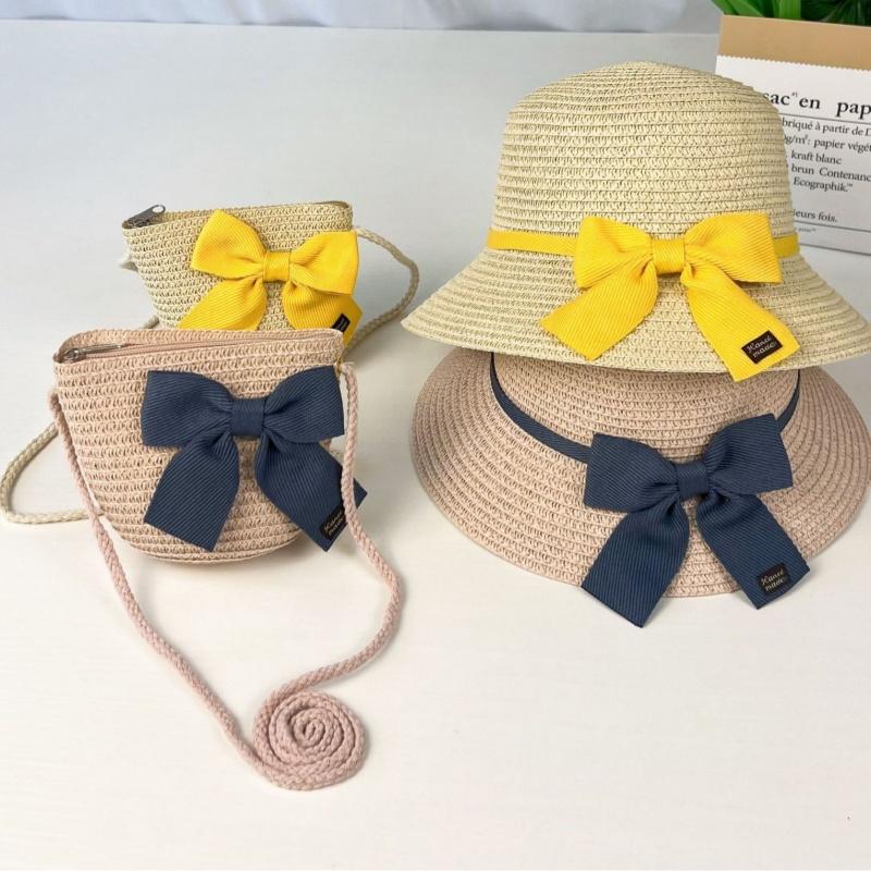 Children Straw Hat And Shoulder Bag Girls Summer Outdoor Beach Cap Cute Bow Travel Beach Sun Hat Crossbody Bag