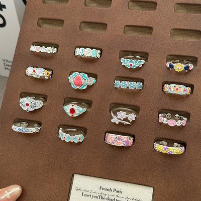 Niche High-End Sweet Sister Country Tide Style Colored Enamel Flower Retro Pattern Open Ring Stacked With Personalized Ring
