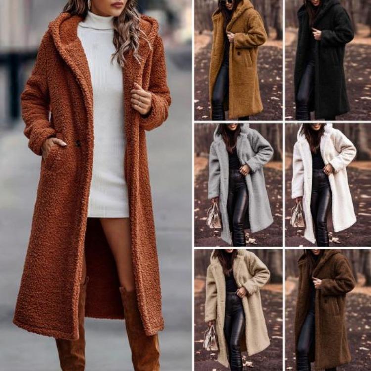 Warm Winter Coat for Women Thick Woolen Mid Calf Overcoat with Hooded Hat Long Sleeve Solid Color Outdoor Lady Jacket