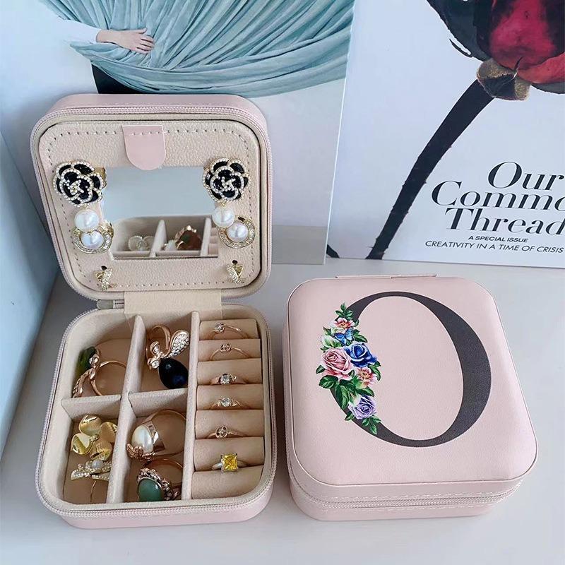 PU Leather Jewelry Box Mirror Storage Box 26 Letter Printed Portable Jewelry Organizer Earring Ring Necklace Case