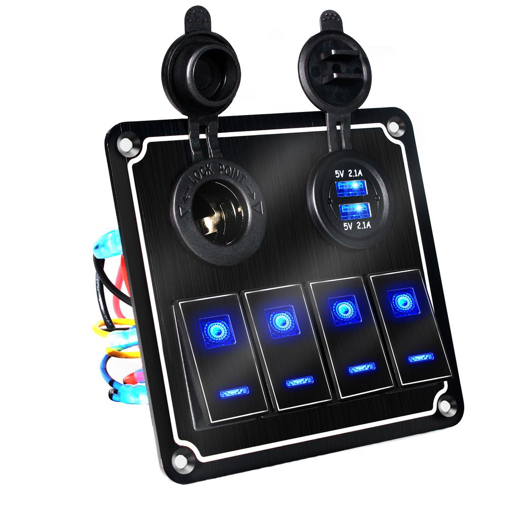2/4/6/8 Group Waterpoof Switch Panel Dual USB Socket Digital Voltmeter Cigarette Lighter Power Outlet Dual Blue Light 12/24V