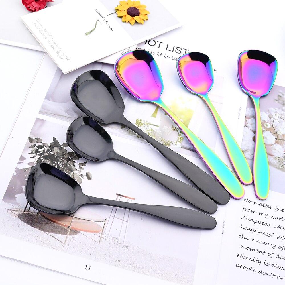 3Pcs Cutlery Stainless Steel Set Plat Bottom Square Dinner Spoons Dinnerware Child Ice Cream Dessert Salad Spoons Silverware Set