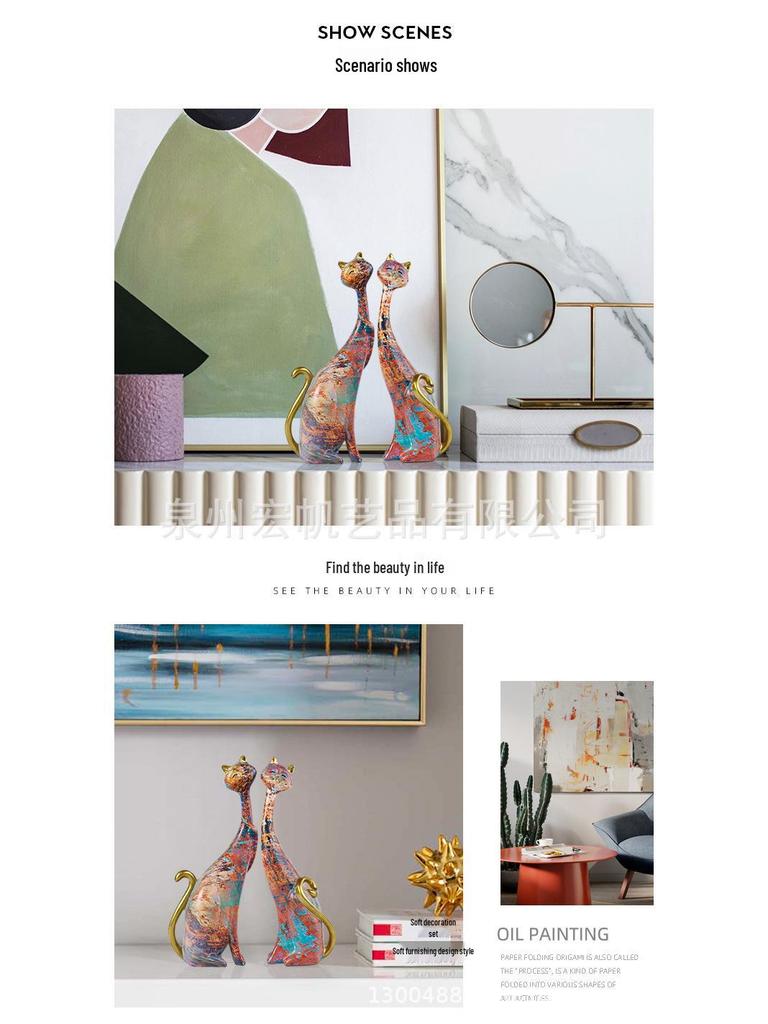 European Abstract Cat Statue: Oil Painting Resin Decor for Bedroom or Entrance - Creative Holiday Gift