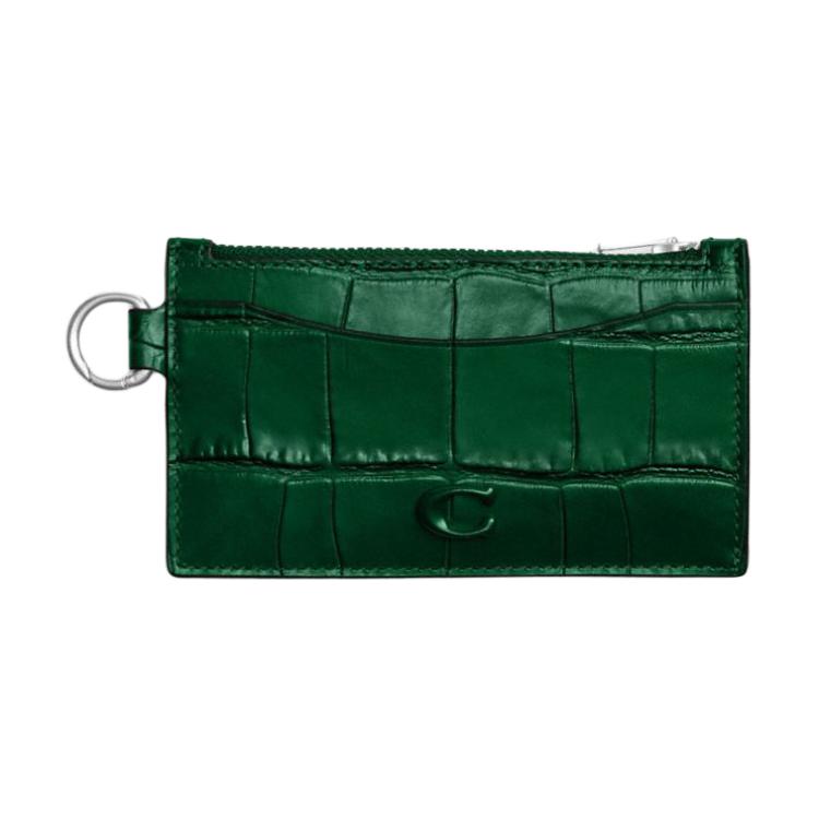 Coach Card Case 12 Brand Logo Zipper Closure Crocodile Embossed Leather Women Card Case Ivy-Green CW433-XEQ Ivy Green