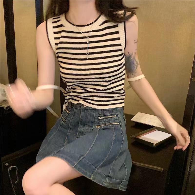 Striped knitted vest suspender women's summer new design sense outer wear wide inner sleeveless student top women