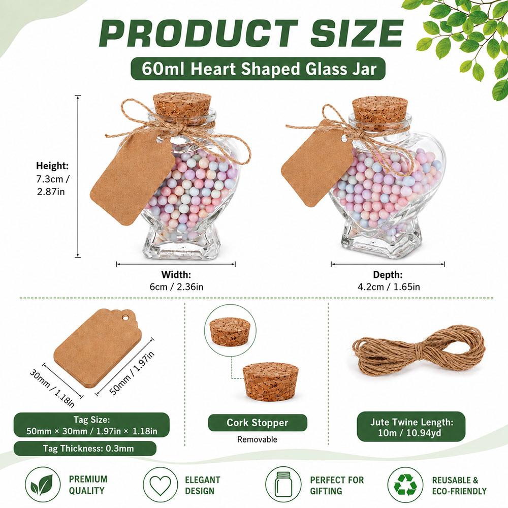 60ml Heart Shaped Candy Glass Jars Wedding Favor Jars Wish Drifting Bottle for Candy Spices Christmas Valentine's Day