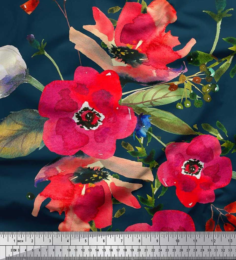 Soimoi Japan Crepe Satin Fabric Leaves & Poppy Flower Print Sewing Fabric Metre 42 Inch