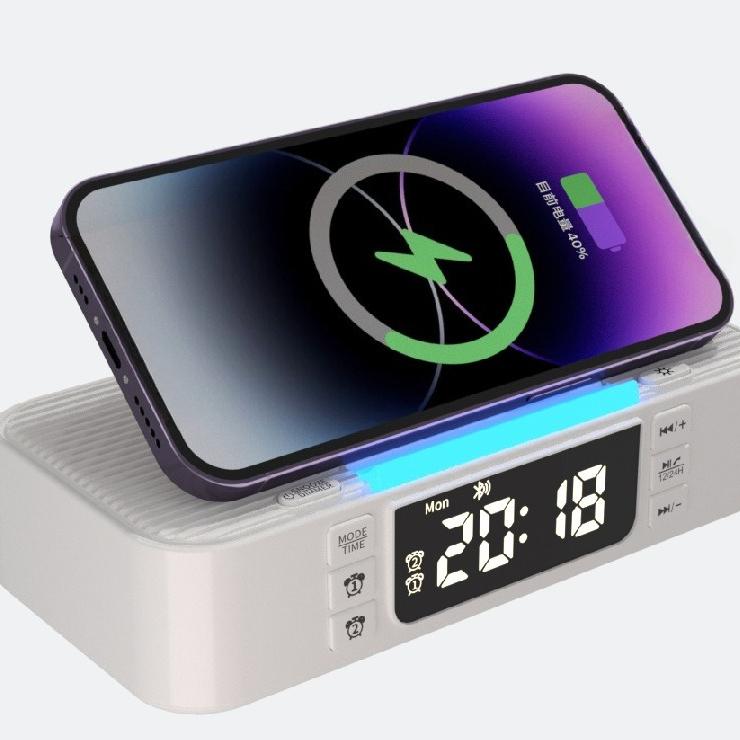 Wireless Charging Bluetooth Speaker Clock FM Radio Night Light Electric Dual Speaker Loud Alarm Clock USB and Type-C port Charing for phone