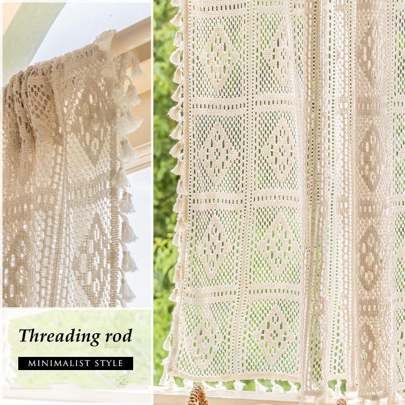 Cotton Crochet Hollow Woven Curtain American Pastoral Retro French Country Cotton Linen Lace Fringed Bedroom Gauze Curtain W135 x H100cm