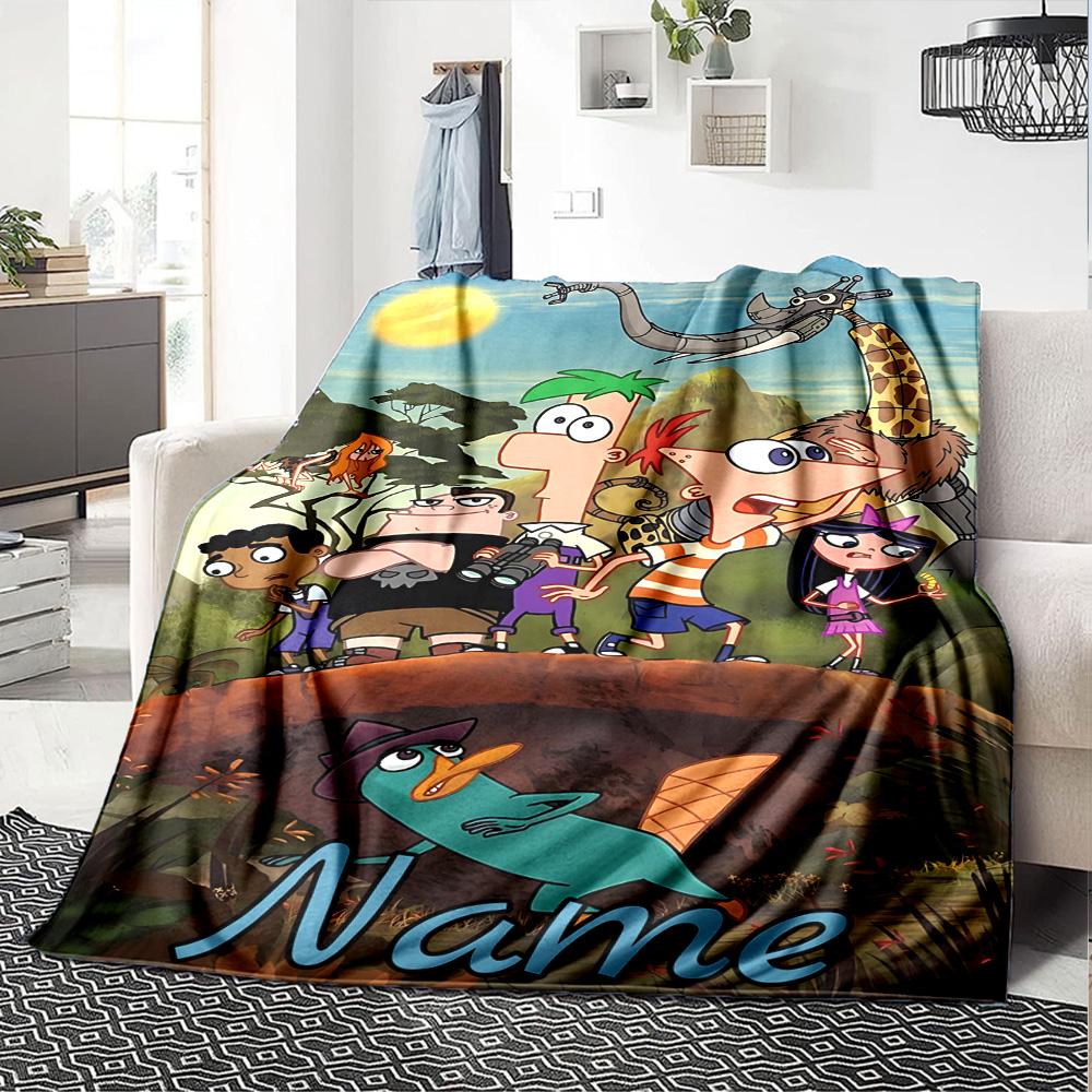 Custom Name Phineas Ferb's Backyard Adventure flannel Blanket for Super Soft Cute Comfort Blanket for Travel Bedding Couch Sofa Blanket