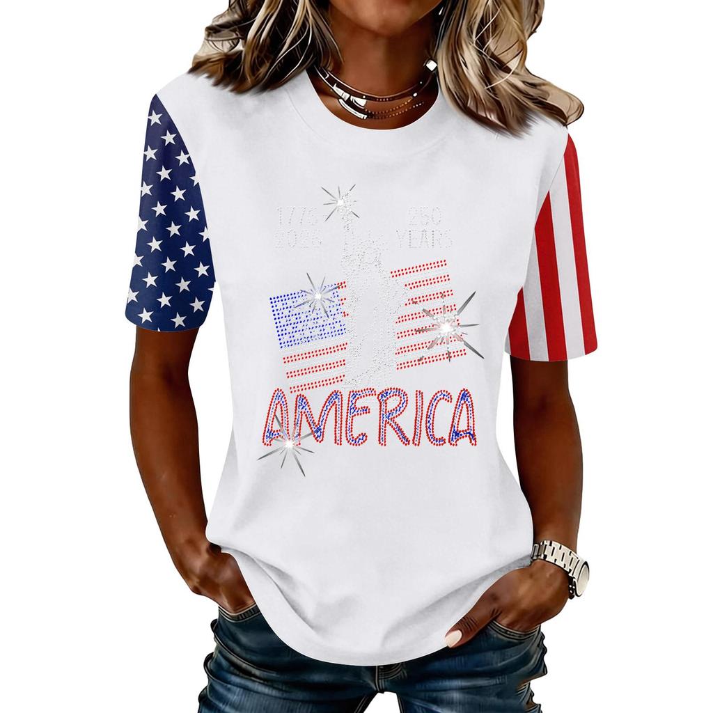Blusa Feminina da Moda Casual de Manga Curta com Estampa e Gola Redonda