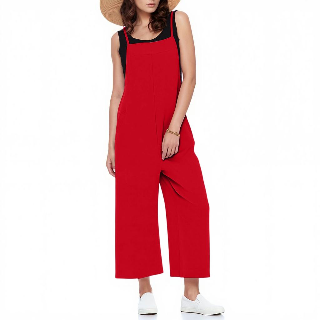 Casual Wide Leg Jumpsuits For Women Solid Color Overalls Rompers Outfits With Pockets