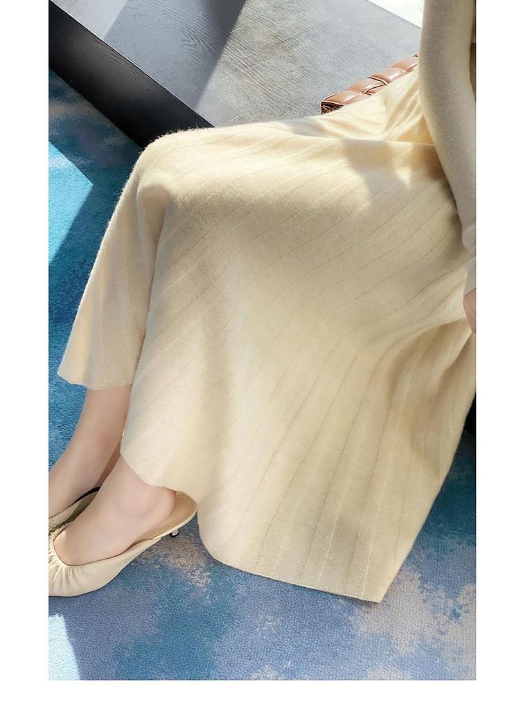 Hepburn Style High-Waisted Cashmere Pleated A-Line Skirt