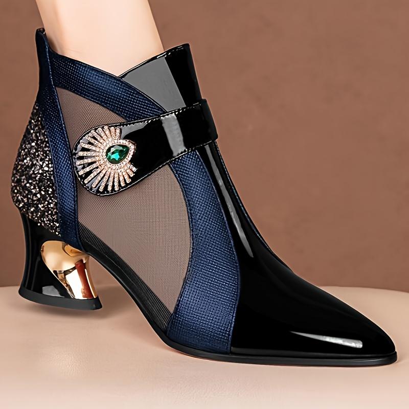 Женские туфли в сеточку с цветными блоками узкие ботинки на толстом каблуке с пряжкой из стразов и острым носком с пайетками для музыкального фестиваля 42 синий 2198₽