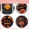 Artistic Round Wooden Home Decor Sign For Halloween Showcasing Playful Black Cat Pumpkin And Ghost Themes