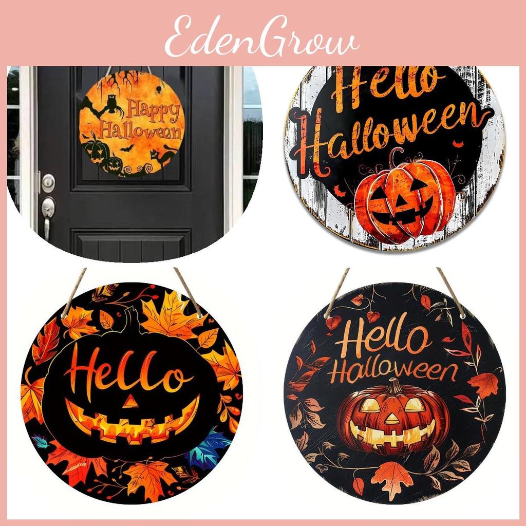 Artistic Round Wooden Home Decor Sign For Halloween Showcasing Playful Black Cat Pumpkin And Ghost Themes