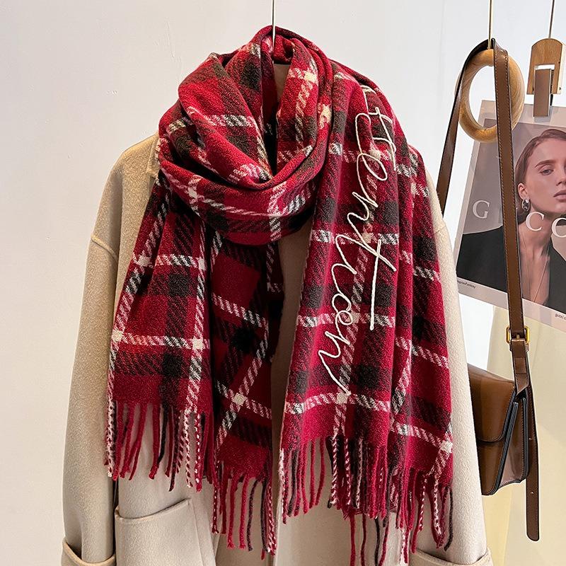 Christmas burgundy scarf women's new winter British plaid imitation cashmere scarf men's warm shawl