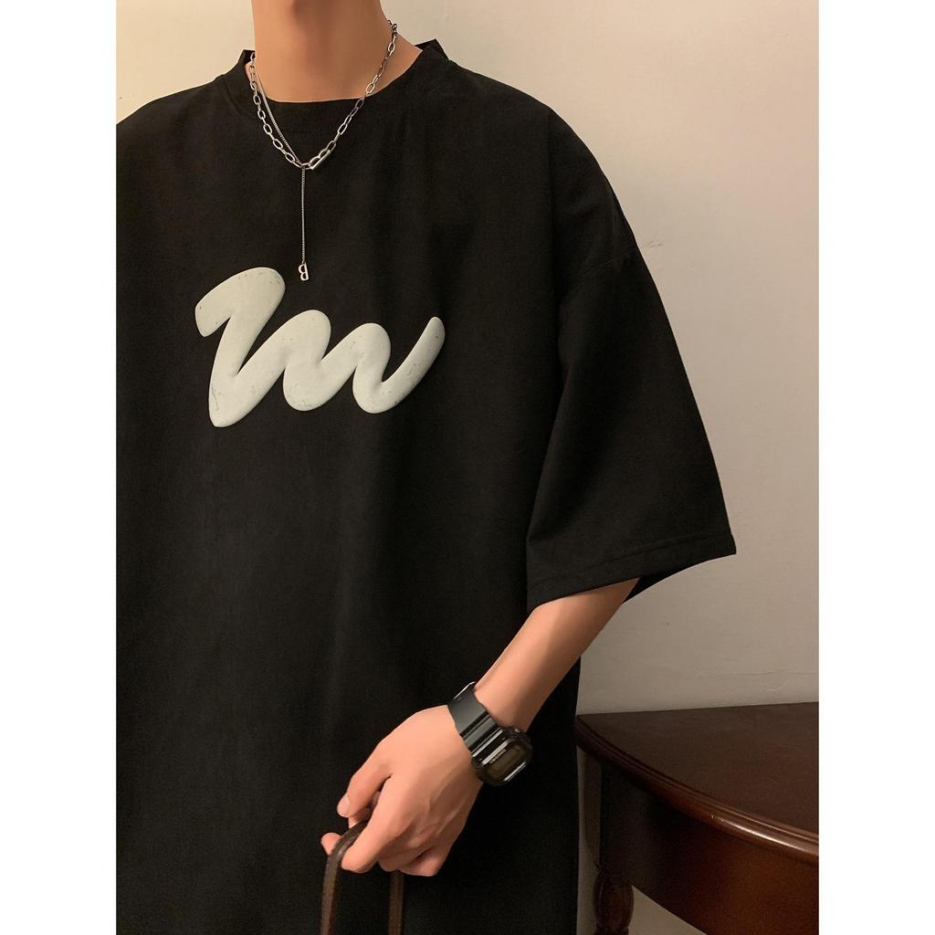Mens Summer Latest American Five-quarter Sleeve T-shirt Comfortable Fit Trend Versatile Half-sleeve Crew Neck T-shirt