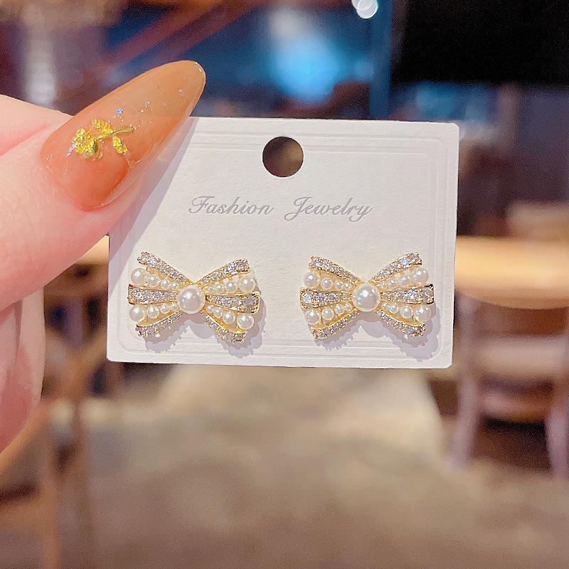 Sterling Silver Bow Gardenia Stud Earrings - Light Luxury Korean Style