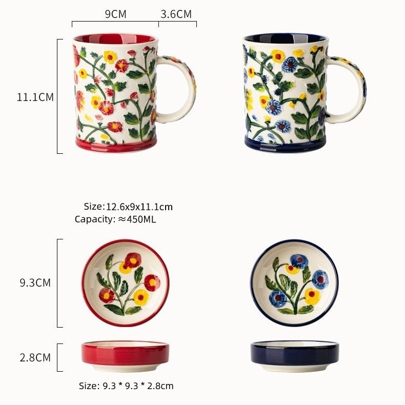 Bohemian Style Raised Floral Mug, Large Capacity Colorful Flower Tea Cup with Handle,3D Embossed Floral Ceramic Mug