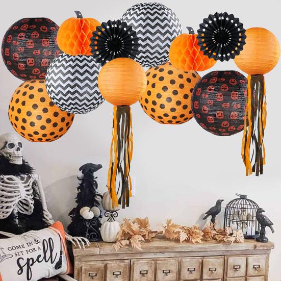 12Pcs Halloween Party Decorations Honeycomb Pumpkin Ball Lanterns Paper Fan Hanging Ornaments Indoor Outdoor Spooky Decor for Home Office Party